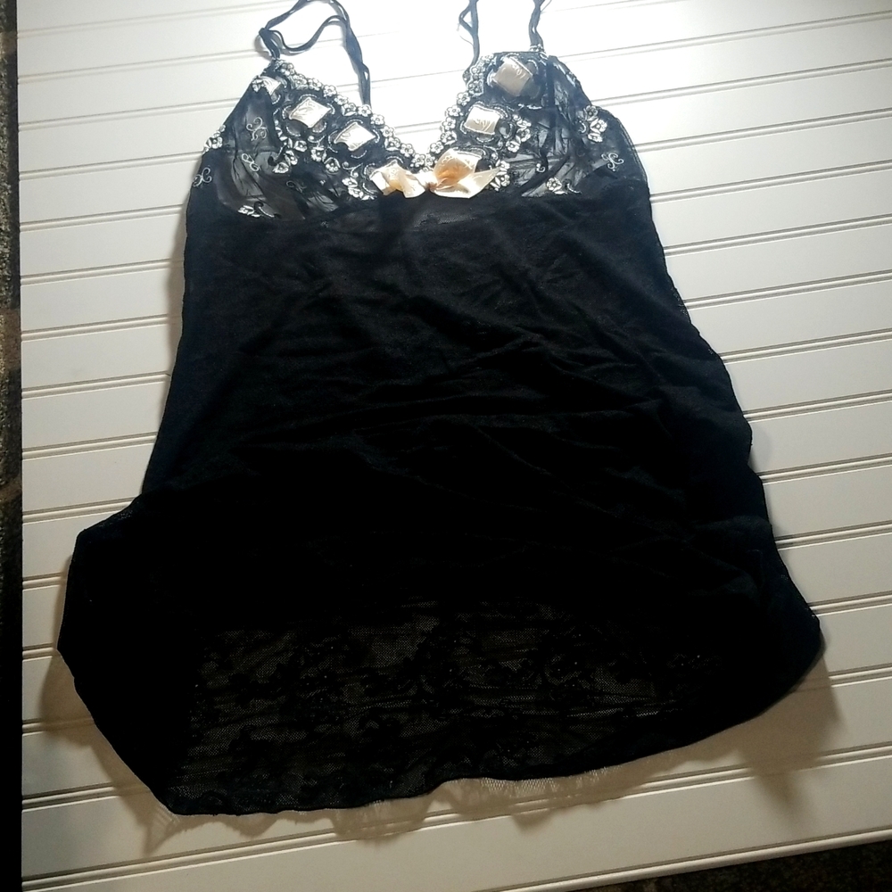 Black lace nightie with satin bow trim